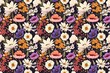 Seamless floral pattern with a variety of colorful wildflowers on a dark background. Edible Flowers - flowers that not only look beautiful but are also edible, maybe even used in gourmet dishes or tea