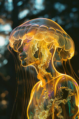 Poster - A jellyfish with a translucent bell, pulsating with internal neon glows and trailing luminescent tendrils,