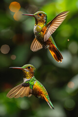 Poster - A pair of hummingbirds, their wings beating so fast they blur, creating a prism of colors around them,