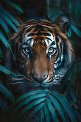 Poster - A tiger whose stripes pulse and change colors, blending into a jungle background that itself seems alive and moving,