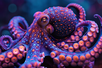 An octopus with tentacles that flow like liquid, painted in vivid, shifting patterns of bright purples, pinks, and blues,