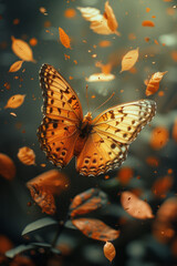 Leinwandbilder - A butterfly with wings that look like delicate autumn leaves, fluttering through the air in a dance of decay and renewal,