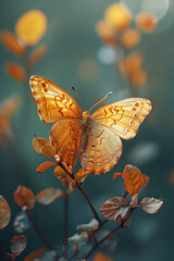 Leinwandbilder - A butterfly with wings that look like delicate autumn leaves, fluttering through the air in a dance of decay and renewal,