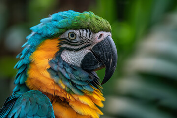 Poster - A parrot whose bright feathers echo the vibrant life force of a tropical jungle, full of lush greens and flower hues,
