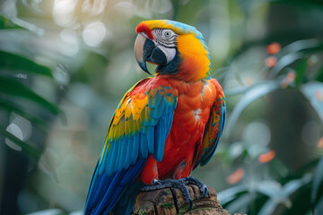 Aufkleber - A parrot whose bright feathers echo the vibrant life force of a tropical jungle, full of lush greens and flower hues,