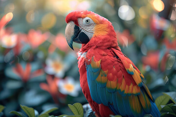 Aufkleber - A parrot whose bright feathers echo the vibrant life force of a tropical jungle, full of lush greens and flower hues,