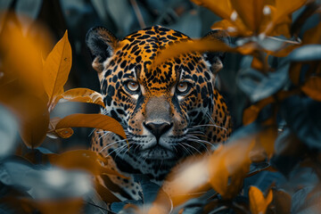 Poster - A jaguar whose coat pulses with the deep greens and browns of the rainforest, camouflaged among the foliage,