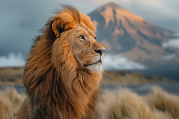 Poster - A majestic lion with a mane that flickers and flows like flames, set against a backdrop of volcanic mountains,
