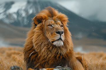 Poster - A majestic lion with a mane that flickers and flows like flames, set against a backdrop of volcanic mountains,