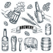 Beer and brewery icons collection isolated on white background. Glasses, bottle, barrel hand drawn elements for pub and bar menu design. Vector sketch illustration