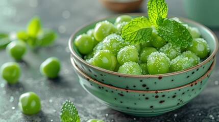 Wall Mural -   A bowl of green candies sprinkled with mint and topped with a leaf