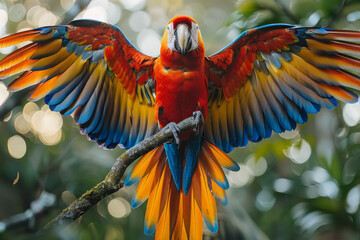 Aufkleber - A whimsical creature with the fluffy body of a panda and the colorful wings of a macaw, climbing trees in the rainforest,