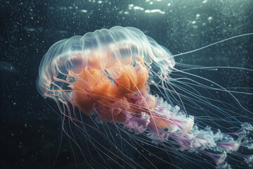 Poster - A jellyfish underwater, its tentacles flowing into streams of ocean currents, illustrating its fluid nature,