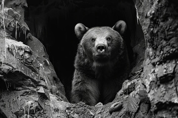 Aufkleber - A bear in a cave, its body slowly crystallizing into rock formations, becoming a part of its den,