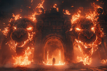 Aufkleber - A cerberus with three heads, each a different shade of deep, glowing embers, guarding the gates of a spectral underworld,