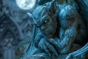 Poster - A gargoyle whose rocky exterior is a patchwork of crystal and gemstone textures, shimmering under the moonlight,