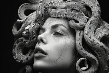 Poster - A medusa whose snakes are ribbons of light, weaving in complex, hypnotic patterns around her head,