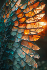 Poster - A griffin with wings that resemble shattered glass, each fragment reflecting a different shade of sunset,