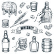Whiskey bottles, barrels and glasses vector hand drawn sketch illustration. Design elements for pub and bar alcohol drinks menu