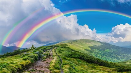 a rainbow arching over a mountain landscape adorned with lush green grass and winding dirt roads, under the radiant sun of a bright summer day, offering a picturesque nature background.