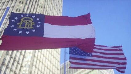 Wall Mural - Georgia and American Flag waving in sky. High detailed waving flag of Georgia and USA. Georgia state flag