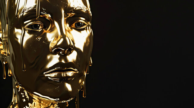 Futuristic woman mannequin made of liquid holographic golden with dripping melted gold, Isolated on black background