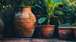 an old clay vase resting on a concrete ledge in an outdoor garden, surrounded by lush potted plants and small trees, exuding a timeless and serene ambiance.