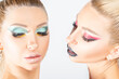 Fashion twins with a bright make-up posing in studio. Beauty, cosmetics and makeup concept.