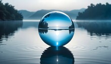 Luminous, Water-filled Glass Sphere Gracefully Suspended Over The Glossy, Reflective Surface Of A Calm Pond In An Abstract, Minimalist Composition
