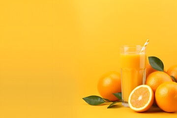 Oranges with green leaves and glass of orange juice on table with blur background generative AI
