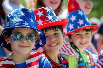 Three children wearing patriotic hats and outfits smiling at a Fourth of July parade, showcasing joy and national pride. 4th of July, american independence day, memorial day concept