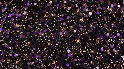   Black background with gold stars, purple stars, and white confetti flecks