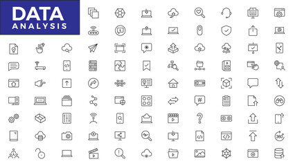 Data analysis thin line icon mega set. Data processing outline pictograms for website and mobile app GUI. Digital analytics simple UI, UX vector icons