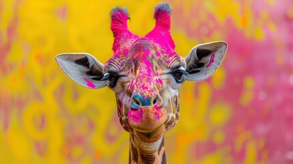 Wall Mural -   A close-up of a giraffe's face with pink and yellow paint on its face