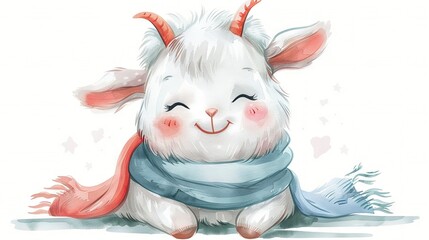 Wall Mural -   A watercolor depiction of a white rabbit in a blue scarf, its eyes closed