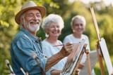 Fototapeta Londyn - Vibrant senior citizens celebrate body positivity through an outdoor watercolor workshop amidst a lush garden