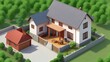 Isometric view of a modern suburban house with a garden and detached garage, 3D illustration.