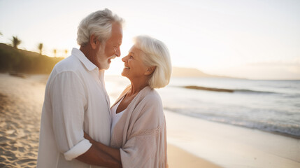 Poster - Summer portrait happy smiling senior couple together on sunny coast, enjoying beach vacation at sea