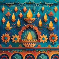 Paper art style of a traditional Diwali celebration, featuring intricate patterns and festive lights, in classic styles color, synth wave