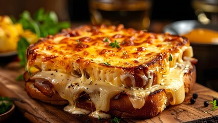 Wall Mural - Closeup of a delicious croque monsieur sandwich on a wooden board. Concept Food Photography, Gourmet Sandwiches, Culinary Art, Delicious Eats, Wooden Background