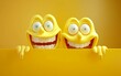 Two yellow monsters hold a blank card in front of them. They have toothy smiles on their faces. Can be used for advertising, marketing, promotion or presentation.