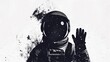 An astronaut in a spacesuit waves to the camera as if inviting you to join him on a space adventure. The picture is in black and white. Illustration for cover, card, postcard, interior design or print
