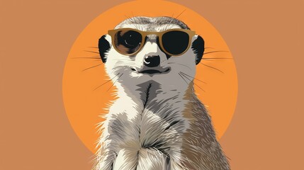 Wall Mural -  A meerkat wearing sunglasses on an orange background, with the sun behind