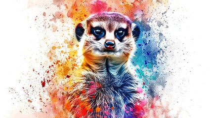 Wall Mural -   A meerkat in a white background with a splash of paint on its face