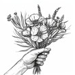 I give you a bunch of flowers! The hand holds a bouquet of wildflowers. Floral abstract background. Imitation sketch print in black and white coloring. Design for card.