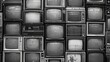 Lots of retro TVs of which some are on and showing black and white video. The scene is nostalgic. Illustration for cover, card, postcard, interior design, banner, poster, brochure or presentation.