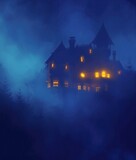 Fototapeta Motyle - A foggy night scene with the silhouette of an old house illuminated by yellow lights