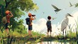 Group of children with binoculars watching birds in field with backpacks and cameras.