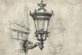 Fototapeta Motyle - A sketch of an antique street lamp, drawn in pencil on paper background