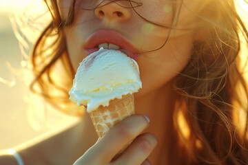 Wall Mural - Woman eating tasty ice cream in summertime.